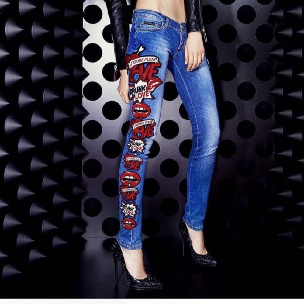 Philipp Plein Blue low cut Graphic Skinny Jeans with crystals. Sz 28